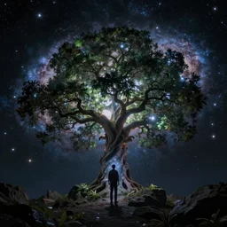 a man standing under the galaxy tree which is in the cave of galaxy, black hole,glowing, 8k ,realistic