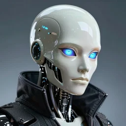 bladerunner, cyberpunk, angled facial portrait of a bone ceramic caliente humanoid robot Spanish ninja with an attractive bald head and handsome features, large glowing eyes, macho, piroca, dotado, guapo, reflective surface, by Makoto Shinkai, trending on cgsociety, trending on artstation