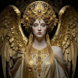 concept art, angel woman, beautiful, frank frazetta, ornate, art nouveau, symmetrical, gold jewelry, high contrast, unbiased render, Emil melmoth, eerie, haunting, victorian, 8k, octane render, style of Gustav Klimt, head and shoulders