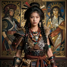 detailed ultrarealistic photography of cyberpunk rustic robust tribal warrior japanese girl, craig mullins, vallejo, moebius, ian miller, mucha cinematic, full shot