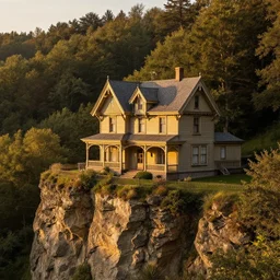 an old victorian house on the edge of a cliff. golden hour, forest landscape, high gorge, high detail. deharme lise. zatzka hans. trending on artstation