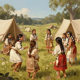 depiction of a native american campground with native american girls playing, illustration by mandy jurgens and william adolphe bouguereau, artgerm, 4 k, digital art, surreal, highly detailed, artstation, digital painting, concept art, smooth, sharp focus, illustration by mandy jurgens and william adolphe bouguereau