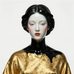 close up surrealist, psychedelic 3 d portrait of porcelain woman in solid gold cloth, covered in black oil liquid, on a white background by tim winton and wes anderson