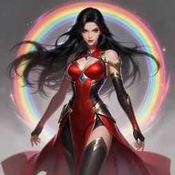 a highly detailed illustration of elegant long black haired woman wearing red and black battle dress, heroically posing, with rainbow magic surrounding her, intricate, elegant, highly detailed, centered, digital painting, artstation, concept art, smooth, sharp focus, league of legends concept art, WLOP