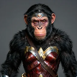 Wonder Woman as a Chimpanzee, Makeup and Prosthetics in the Style of Rick Baker, hyperreal and Detailed+Studio lighting+photography in the style of Annie Leibovitz