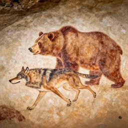 detailed brown wolf stalking a bear, cave drawing