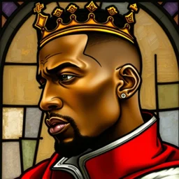 detailed portrait of travis scott as a crowned king, profile view, side view, stern and confident, small golden crown on forehead, short buzzcut, chin strap, red coat with white collar, stained glass art, by alphonse mucha, very masterful