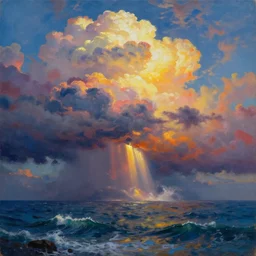 oil on canvas of colorful stormy clouds, stormy ocean, forces of natures, clouds, sun rays, volumetric lighting, beautiful, deep colors, bright, amazing, gorgeous, wonderful, Hyper detailed digital matte painting, cinematic lighting, beatifully lit, concept art, hyperrealism, Cinema 4D, 8k resolution, 64 megapixels, coherent, CGSociety, ZBrush Central, behance HD, hypermaximalist, a masterpiece, 4K, trending on artstation