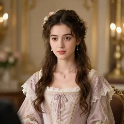 a gorgeous young blossomed female, ressainesance period, interview with an empire style, bokeh