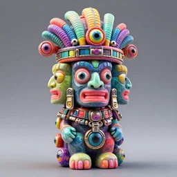 photo of an opalescent claymodel of a multicolored steampunk tiki with three faces, wearing a aztec helmet with multicolored irisdiscent tubes and shiny metallic devices, 3 d render, crisp, 8 k, fluorescent colors, insanely integrate
