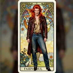 art nouveau, David Bowie, one single figure, tarot card, vampire, sharp teeth, leather jacket, jeans, long red hair, full body