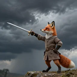 anthropomorphic fox who is a medieval knight pointing a sword towards a stormy thundercloud 1 9 3 0 s film still, ladislas starevich puppet