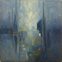 an abstract collector's quality oil on canvas fantasy world painting titled 719840 by Mea Nokoe (2241), blemished cold color palette scenery structure