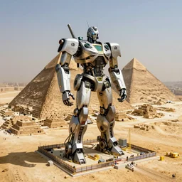 aerial view of a 1 km high massive robot building the gizah pyramids