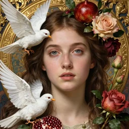 realistic detailed close up beautiful Pre-Rafaelite portrait of goddess Aphrodite by John William Godward, Anna Dittman, and Karol Bak, gorgeous eyes, white dove, pomegranates, roses and gladioli, golden ornamental background, face in focus, Art Nouveau, Neoclassical, beautiful deep colors,