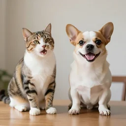cat and dog laughing together on top of the table