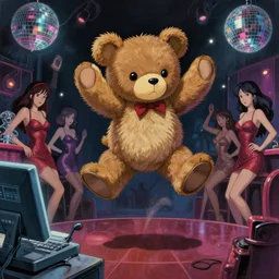 lab to create teddy bear wildly crazily jumping hyper at night club with sexy women, disco lighting, darkly playful color scheme, intricate details, matte painting, illustration, by hayao miyazaki