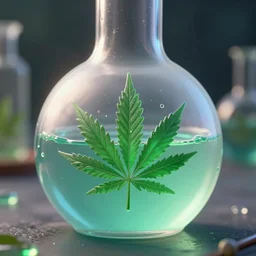 magic frosted glass flask embossed cannabis leaf, potion by pixar rendered in octane gelatinous liquids subsurface scattering render 8 k