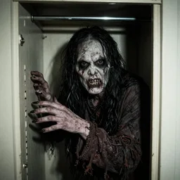 grainy photo of a creepy monster in a closet, harsh flash