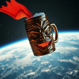 a closeup photorealistic photograph of a glossy superman tiki mug from trader vic's floating in outer space. earth is in the background. bright scene. fine detail. this 4 k hd image is trending on artstation, featured on behance, well - rendered, extra crisp, features intricate detail, epic composition and the style of unreal engine.