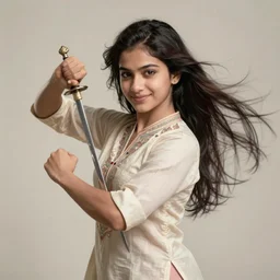 young pakistani woman swordswoman, wearing a kurta, elegant, pretty, strong, muscular, smiling, digital portrait by greg rutkowski, intricate, soft focus, highly detailed, cinematic, epic, artstation
