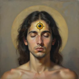 a surreal painting of man with his third eye opening