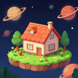 a house that is part of a small colony on a strange planet, with native flowers and planets in front of it, from a space themed Serria point and click 2D graphic adventure game, high quality cartoon style graphics