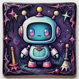 Chibi Cute Robot as a colorful fancy drawing on a Grimdark square macabre tile