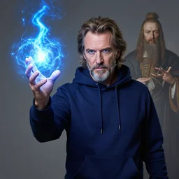 portrait powerful blue wizard Jeremy Irons wearing navy blue hoodie brandishes a blue electricity orb elina brotherus greg rutkowski lucas cranach the elder mark rothko tombow