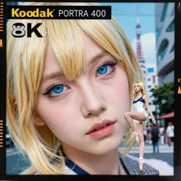 Kodak Portra 400,8K,highly detailed: beautiful three point perspective extreme closeup portrait photo in style of 2000s frontiers in cosplay H.G Gier retrofuturism tokyo seinen manga street photography fashion edition, tilt shift zaha hadid style H.G Gier tokyo background, highly detailed, focus on model;vaporwave ;blonde hair;blue eyes;pointé pose, clear eyes, soft lighting