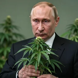 Vladimir Putin holding a giant marijuana plant, detailed face, realistic face, photorealistic, highly detailed, cinematic