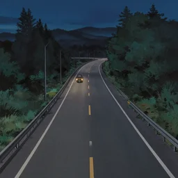 screenshot of highway at night in Hayao Miyazaki movie