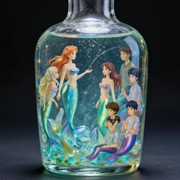 high intricate glimmering glass bottle containing fluid mermaids, maria panfilova, andrea savchenko, mike kime, ludovic plouffe, qi sheng luo, oliver cook, makoto shinkai, trending on artstation