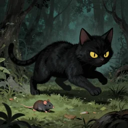 An evil cat chasing a mouse, eerie, digital art by Beksinski