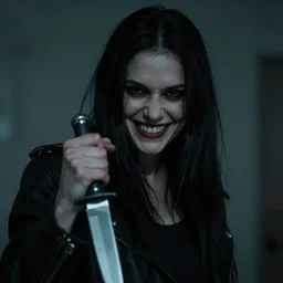 evil person holding a knife and smirking, cinematic, shallow depth of field, long lens, eerie