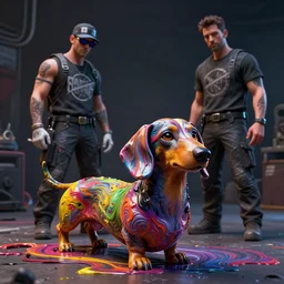 Surgeons of the Damned, skaab wrangler, cinematic, hyper realism, high detail, octane render, unreal engine, 8k, vibrant color, Dachshund made of swirling paint, by dom qwek and andrea chiampo