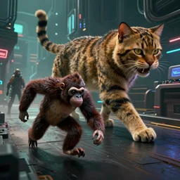 a 🐭 fleeing & a big 🐱 🐈, by mark ryden in cyberpunk environment, 4 k ultra high resolution, horror, long camera shot