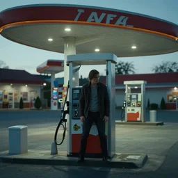 suspicious gas station, cinematic shot