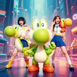 unbelievably beautiful, perfect, dynamic, epic, cinematic 8 k hd movie shot, three beautiful nintendo yoshis in korean girl band, posing together. motion, vfx, inspirational arthouse, high budget, hollywood style, at behance, at netflix, with instagram filters, photoshop, adobe lightroom, adobe after effects, taken with polaroid kodak portra