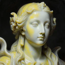 a dark baroque close - up portrait of a yellow and white porcelain being made out of white liquid sci - fi vitrified translucent ceramic marble ; china. reflective detailed textures. gloomy black background. highly detailed fantasy science fiction painting by moebius, norman rockwell, frank frazetta, and syd mead. rich colors, high contrast. artstation