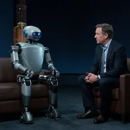 vfx film, john oliver interviews spacex teslabot sleek assistant robot, last week tonight with john oliver, flat color profile low - key lighting award winning photography arri alexa cinematography, hyper real photorealistic cinematic, atmospheric cool colorgrade