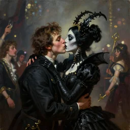 a beautiful oil painting of hell's just a kiss away, bokeh, bacchanalia, black queen, in the style of delphin enjolras, ultrarealistic, dynamic lighting, artstation, hyper realism, 3 d octane render, 8 k.