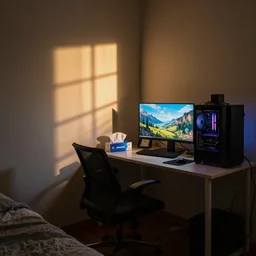 photograph of slightly messy bedroom office, gaming computer, tissue!!! boxes!!!