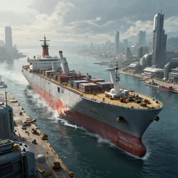 Immense industrial futuristic cargo ship arrives at cyber punk city sea port, cinematic lighting, concept art