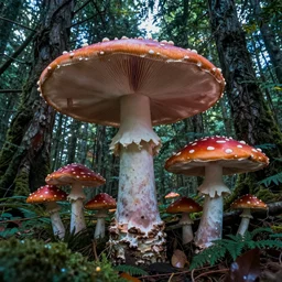 looking down at trippy enchanged forest with large psychedelic mushrooms
