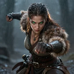 lagharta viking warrior woman beautiful, fighting pose, deep focus symmetrical face beautiful green eyes fur, wet, raining, close up, rim lighting, portrait, high fantasy atmospheric full body portrait hyper detailed symmetrical 8 k lighting. highly detailed painting by greg rutkowski, anime style