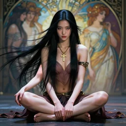 stunning asian valkyrie with long black hair sitting cross legged by artgerm, dynamic lighting, ray tracing, tom bagshaw, alphonse mucha, donata giancola, mary jane ansell, ankh necklace, atmosphere, realism, octane render, dof, hyperdetailed, 8 k