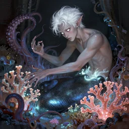 harmony of neon glowing coral, tentacles, dynamic pose, white iris, alien, ( white hair merman yoongi elf ears, no nose ) by wlop, james jean, victo ngai, muted colors, highly detailed, fantasy art by craig mullins, thomas kinkade,