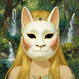 portrait of Princess Mononoke wearing her mask, lush forest landscape, style Mucha, gems and gold, waterfalls, denoised, sharp,