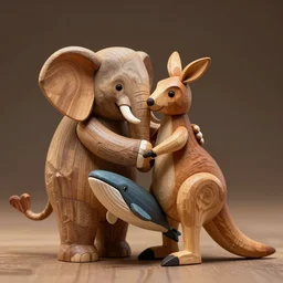 every now an then, when i dream, i dream abou puppets, trending on artsstation, 8 k, high - res, cinema 4 d, depth of field a wooden figurine depicting a warm, embracing hug between an elephant and a kangaroo whale with horns and a spiky tail wood : 1 0, native : - 1 0, naive : 3, exotic : 5